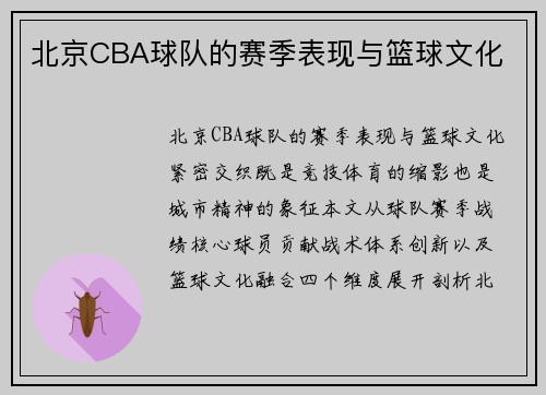 北京CBA球队的赛季表现与篮球文化